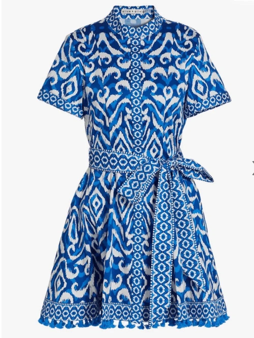 Alice + Olivia Lucy Roll Sleeve Ikat Mini Belted Shirtdress Size 12 - Picture 2 of 10